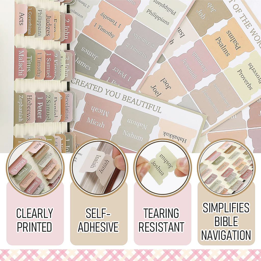 Climberty Bible Tabs, 75 Tabs, Boho Theme, Laminated Bible Index for Women and Men, Bible Tabs for Chanting, Recitation, Studying, 3.5x3.5cm Per One Climberty Bible Tabs, 75 Tabs, Boho Theme, Laminated Bible Index for Women and Men, Bible Tabs for Chanting, Recitation, Studying, 3.5x3.5cm Per One